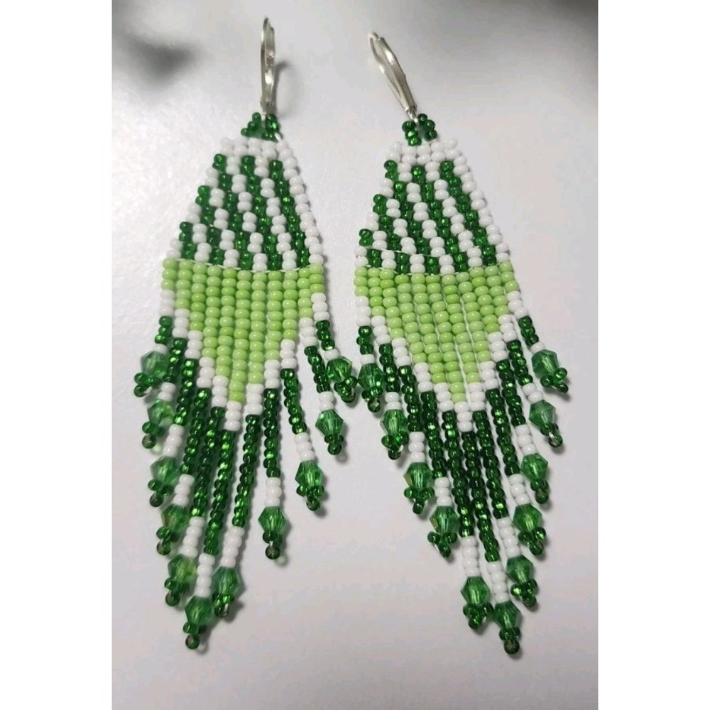 Handmade Beaded Fringe Earrings Green White Crystal Leverback Dangle Boho Long